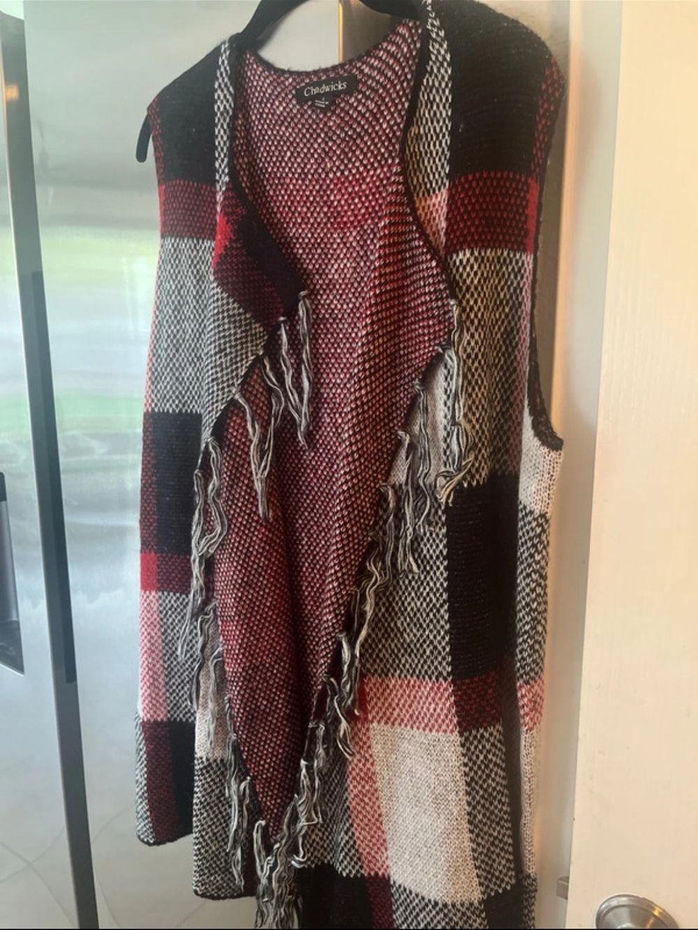 Chadwicks Red, Black & Cream Plaid Fringe Open-Front Vest